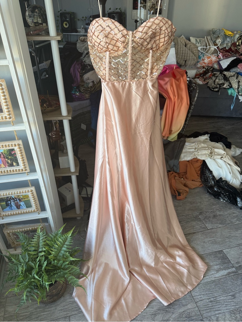 Fashion Nova Blush Pink Strapless Sequin Bodice Satin Gown NWT!